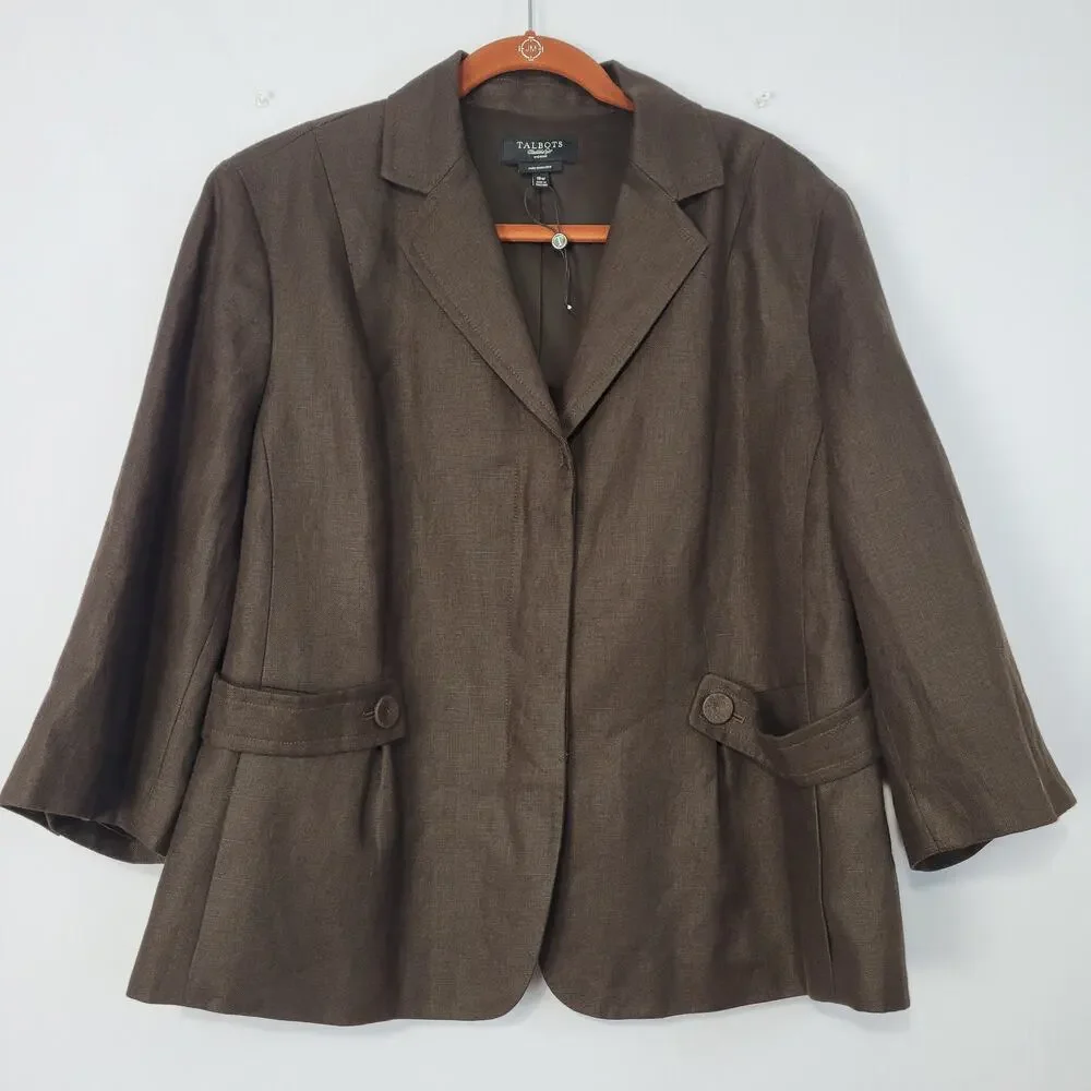 Talbots Pure Irish Linen Blazer size 18W Brown Office Career Wear Minimalist New